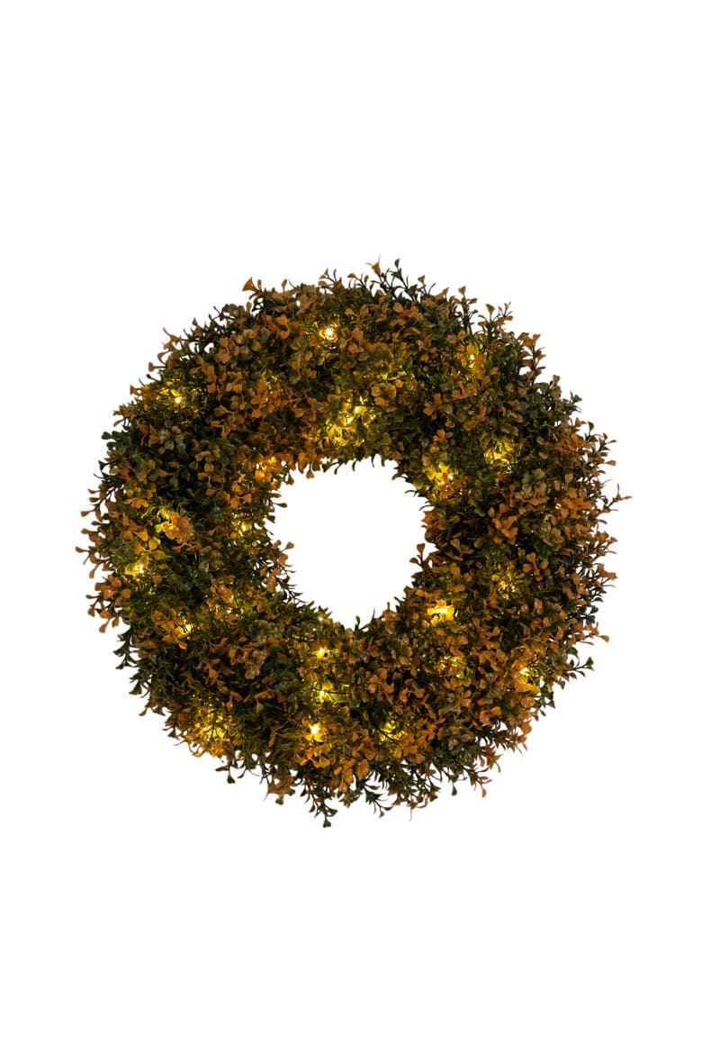 18-in Pre-Lit Autumn Boxwood Artificial Fall Wreath with 25 Warm White LED Lights, Main, color, Orange