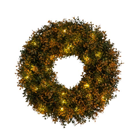 18-in Pre-Lit Autumn Boxwood Artificial Fall Wreath with 25 Warm White LED Lights