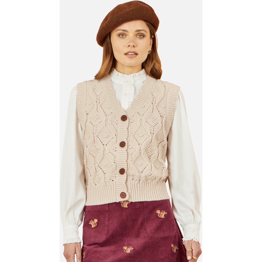Yumi Button Up Chunky Cable Knit Waistcoat In Neutral