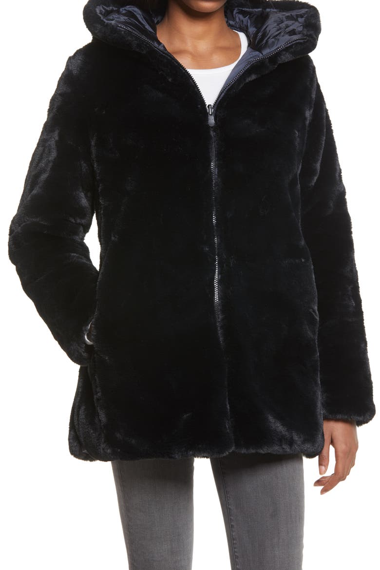 Waterproof Reversible Hooded Faux Fur Coat, Alternate, color, 01 BLACK