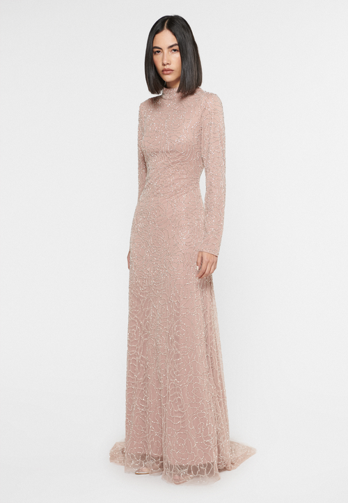 Maryisa Embellished Sequin Beaded High Neck With A Line Dress In Taupe Blush