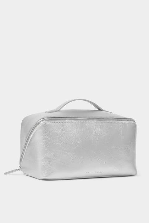 Large Patent Crackle Makeup And Toiletry Bag In Silver