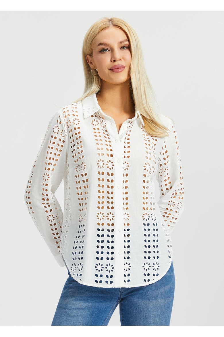 Eyelet Shirt Long Sleeve Cotton, Main, color, Star White