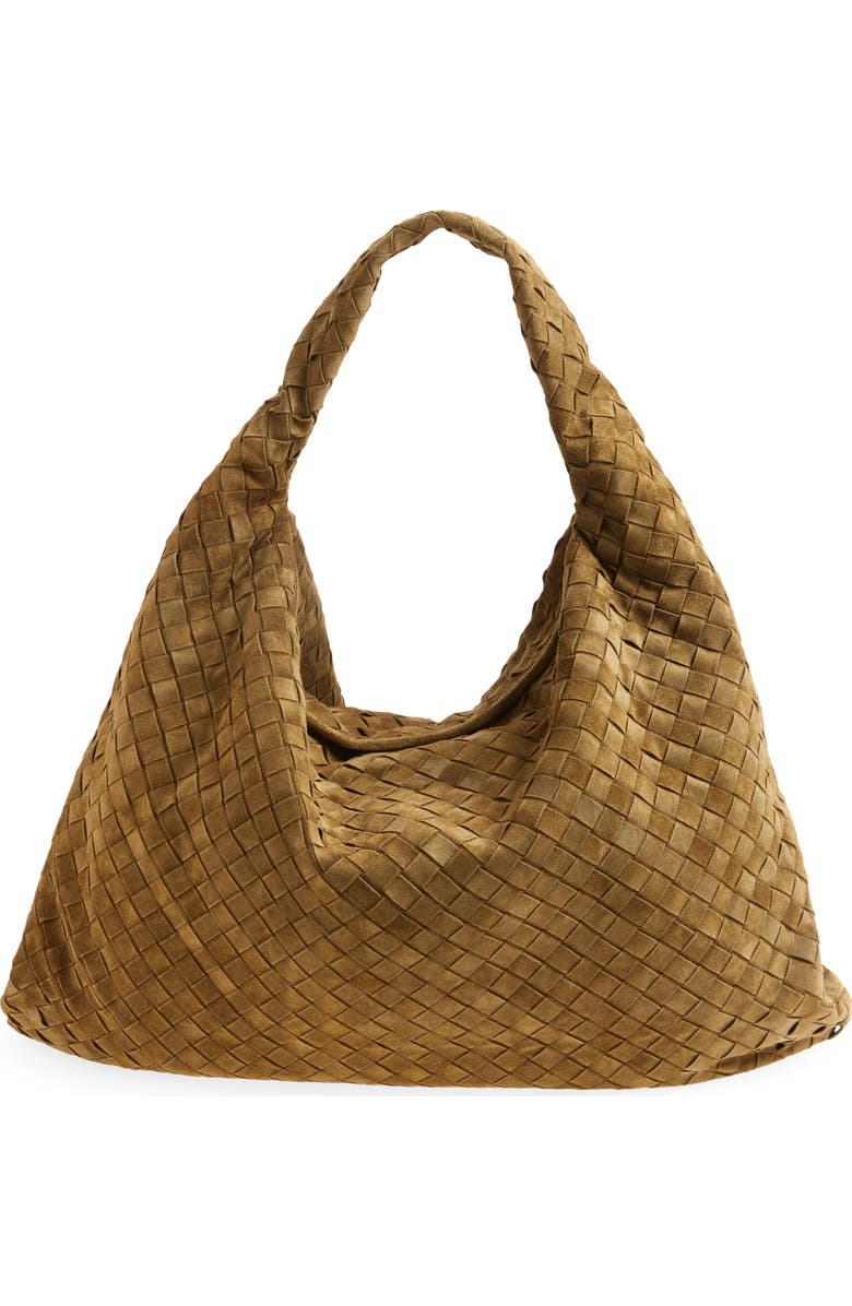 Bottega Veneta Large Hop Intrecciato Suede Hobo Bag, Alternate, color, 2859 Mud-M Brass