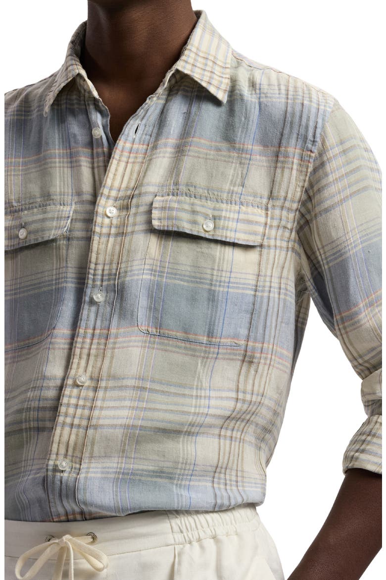 Plaid Linen Button-Up Shirt, Alternate, color, INFINITY BLUE
