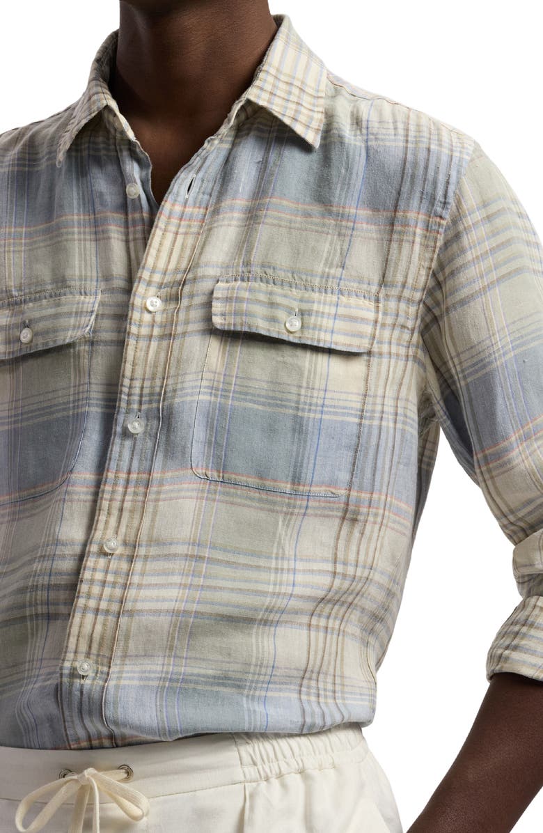 Ralph Lauren Purple Label Plaid Linen Button-Up Shirt, Alternate, color, Infinity Blue