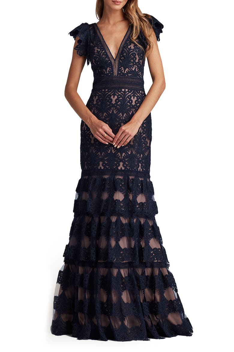 Flutter Sleeve Tiered Plunge Neck Gown, Main, color, ROYAL NAVY