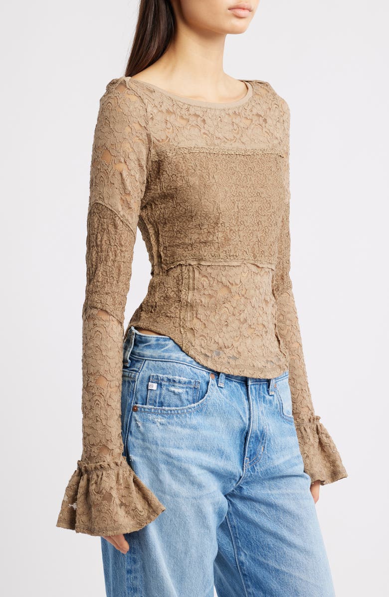 Free People Bell Sleeve Sheer Cotton Blend Lace Top, Alternate, color, Dutch Cocoa