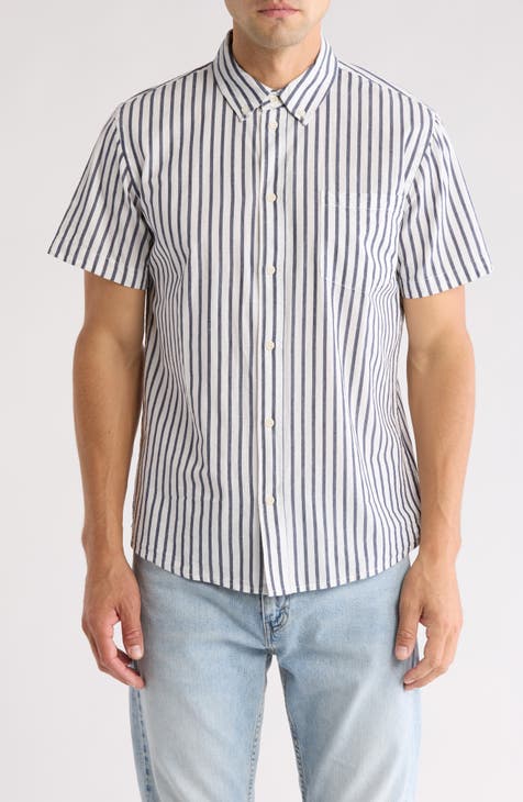 Stripe Short Sleeve Cotton Poplin Button-Down Shirt