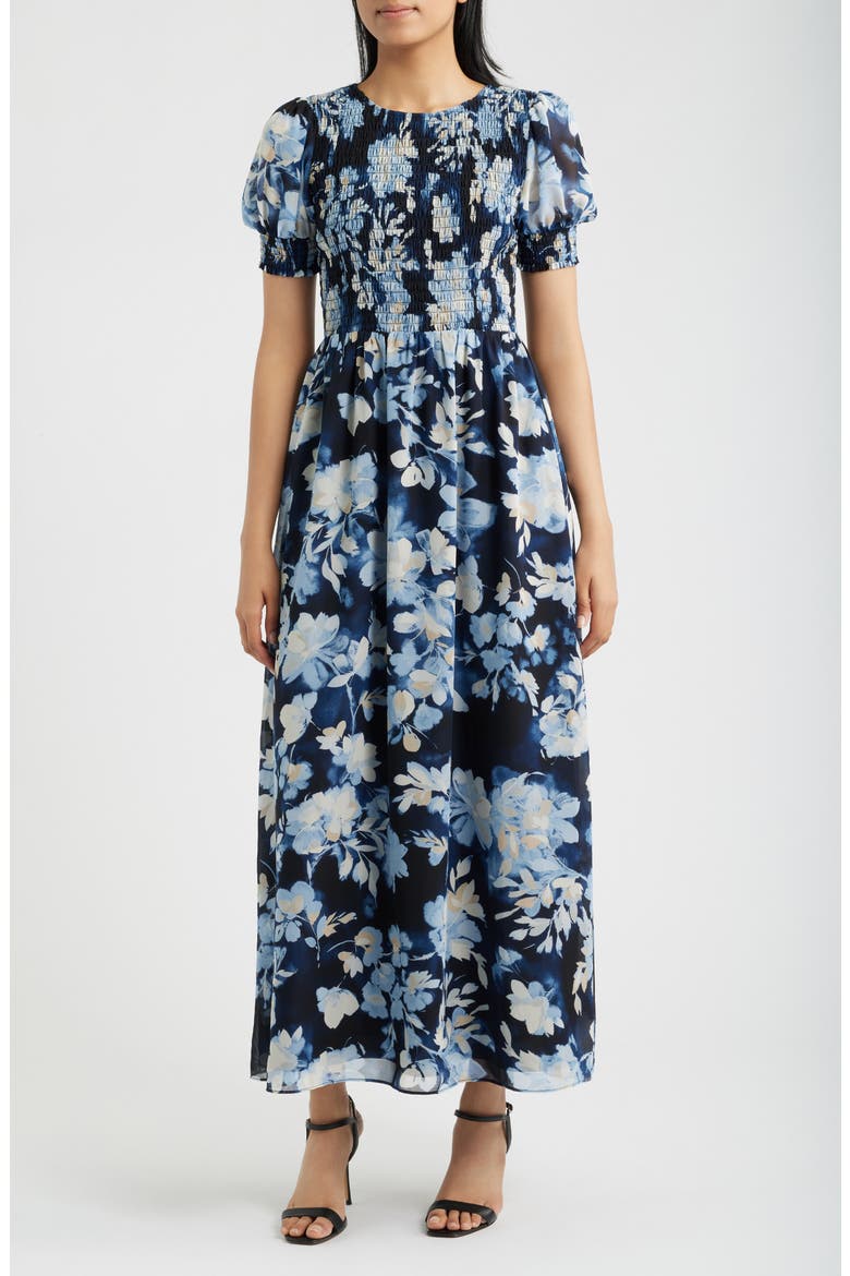 Smocked Puff Sleeve Maxi Dress, Main, color, DUTCH BLUE MULTI