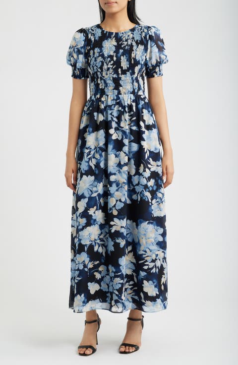 Smocked Puff Sleeve Maxi Dress