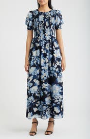 Anne Klein Smocked Puff Sleeve Maxi Dress