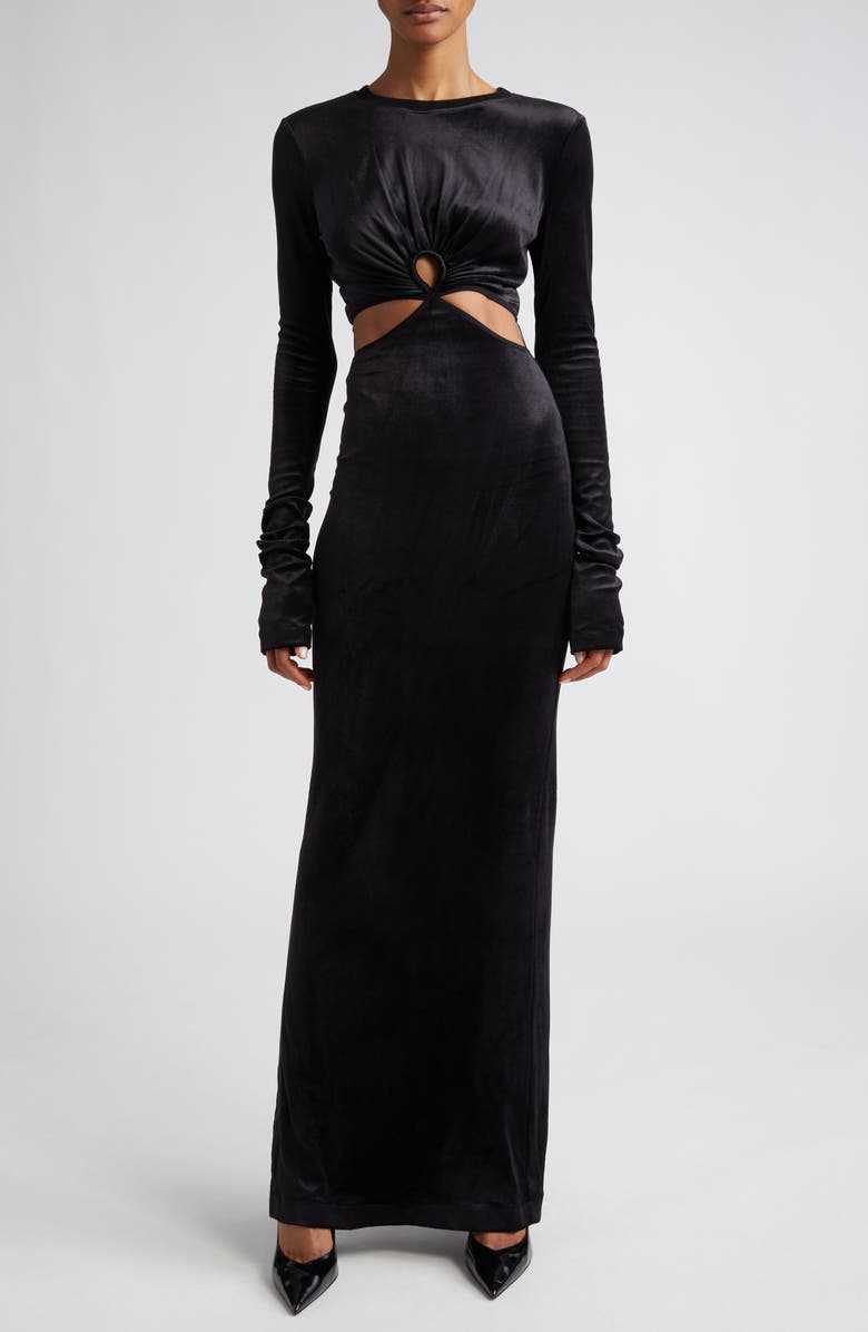 Nensi Dojaka Keyhole Cutout Long Sleeve Velvet Maxi Dress, Main, color, 