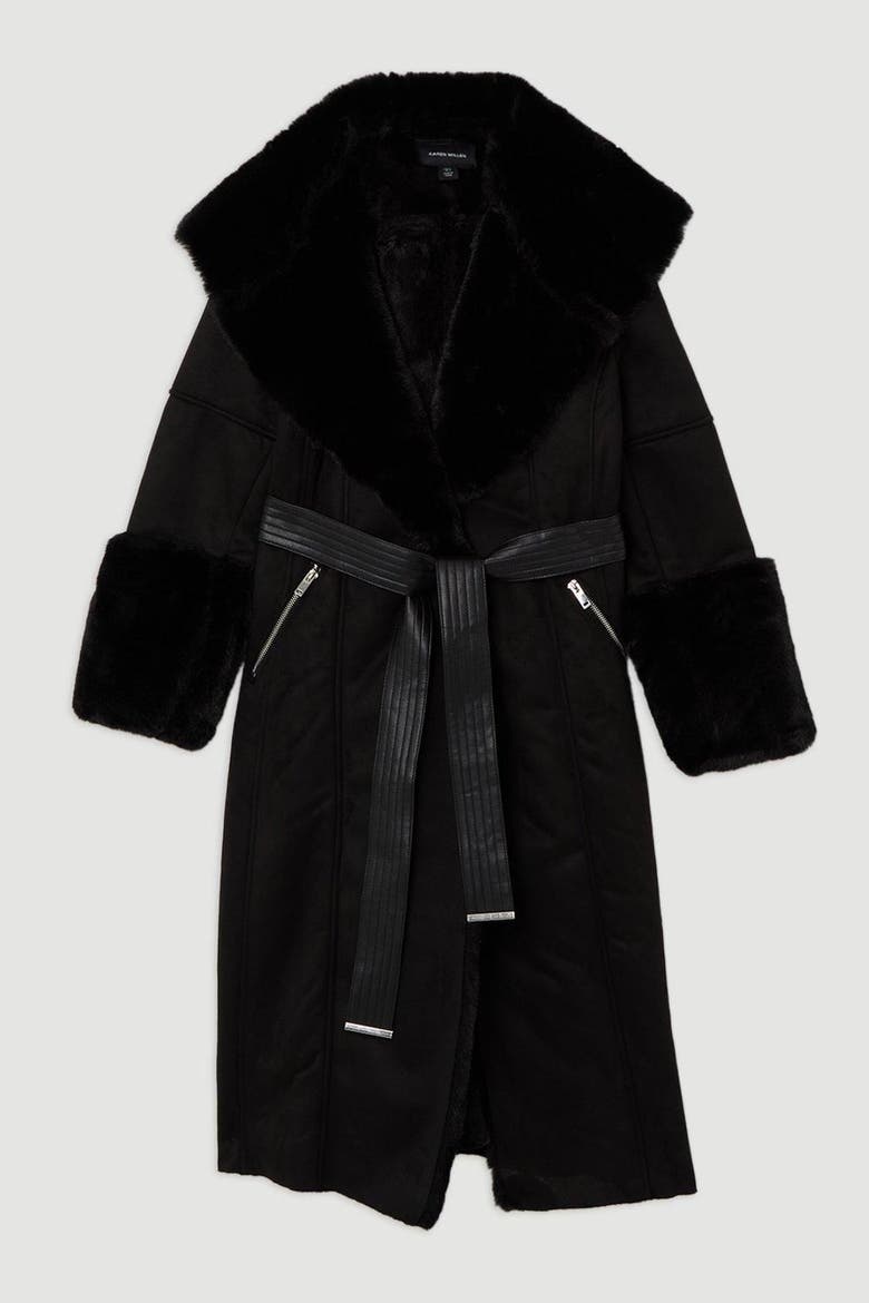 Faux Shearling Belted Midi Coat, Alternate, color, Black