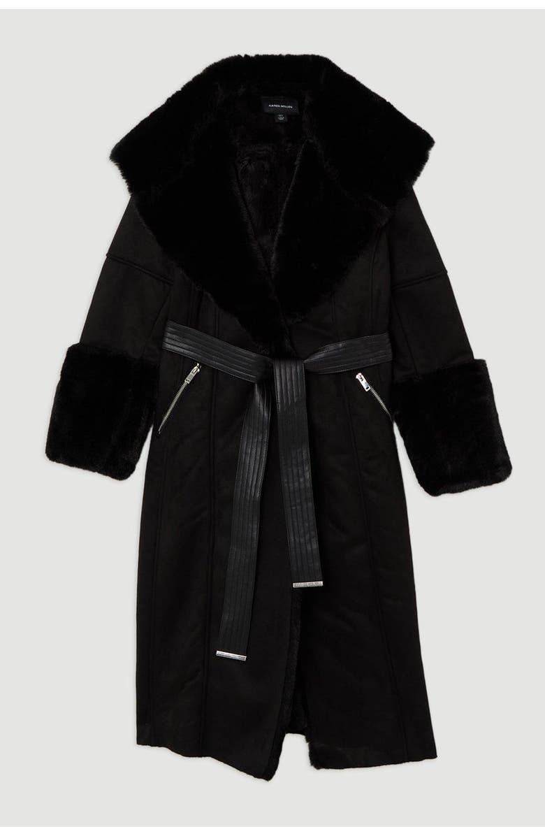 Karen Millen Faux Shearling Belted Midi Coat, Alternate, color, Black