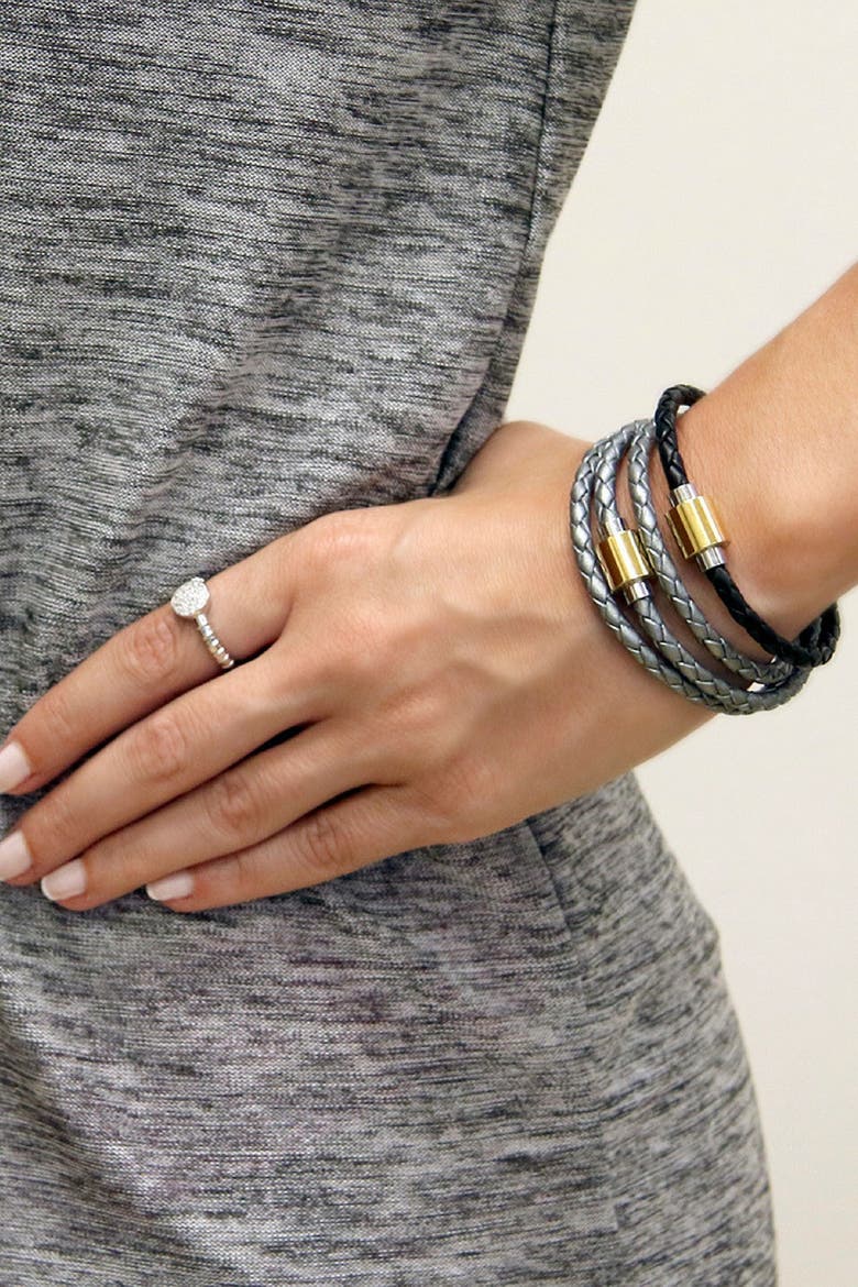 18K Gold Plated & Sterling Silver Hardware Braided Leather Bracelet, Alternate, color, BLACK