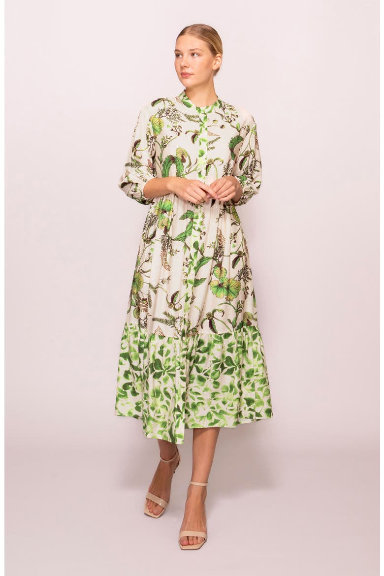 Mixed Media Midi Shirtdress, Alternate, color, IVORY GREEN PRINT