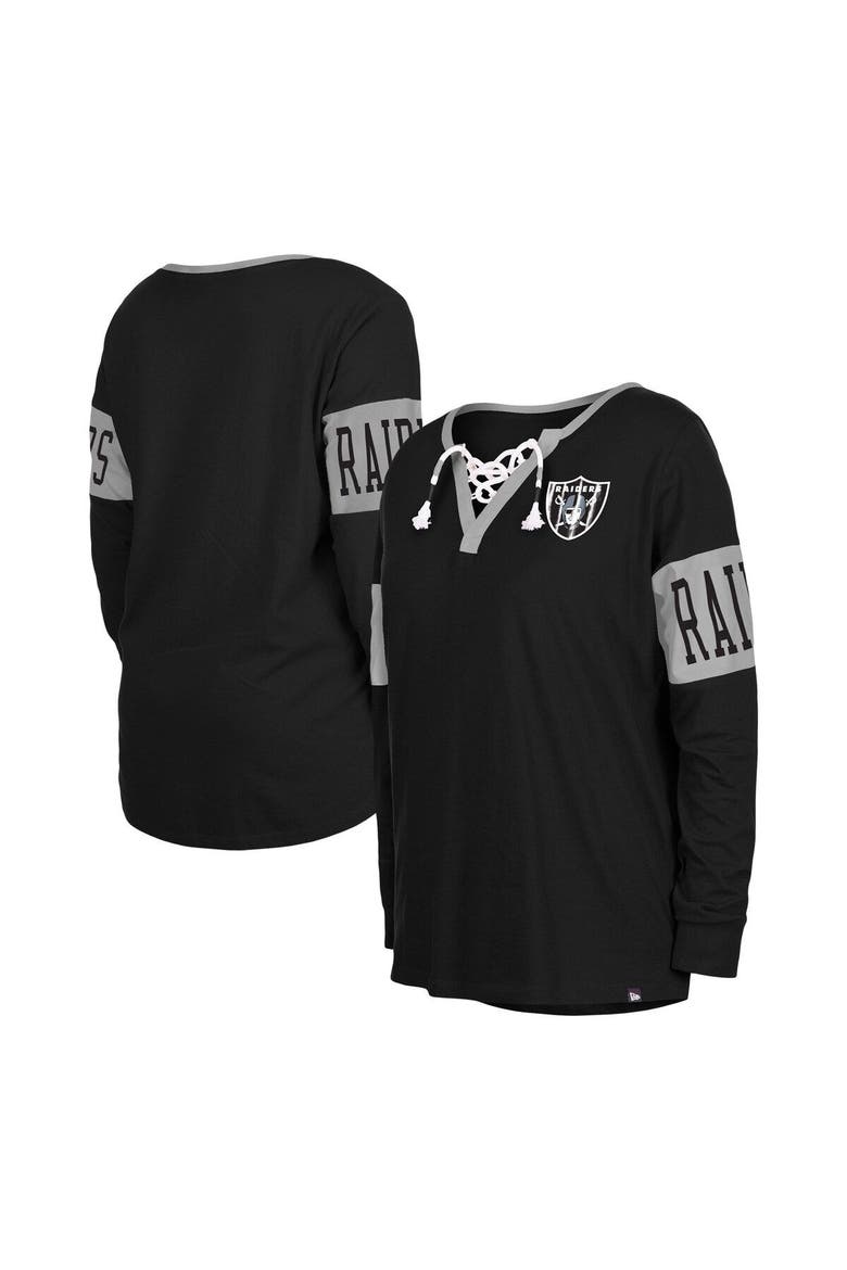 Women's New Era Black Las Vegas Raiders Lace-Up Notch Neck Long Sleeve T-Shirt, Main, color, Black
