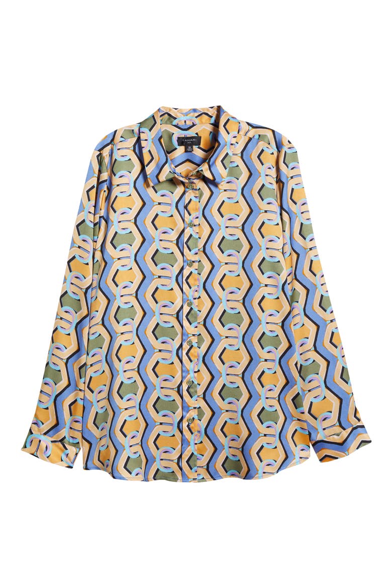 Geo Print Satin Button-Up Shirt, Alternate, color, BLUE CHAINS
