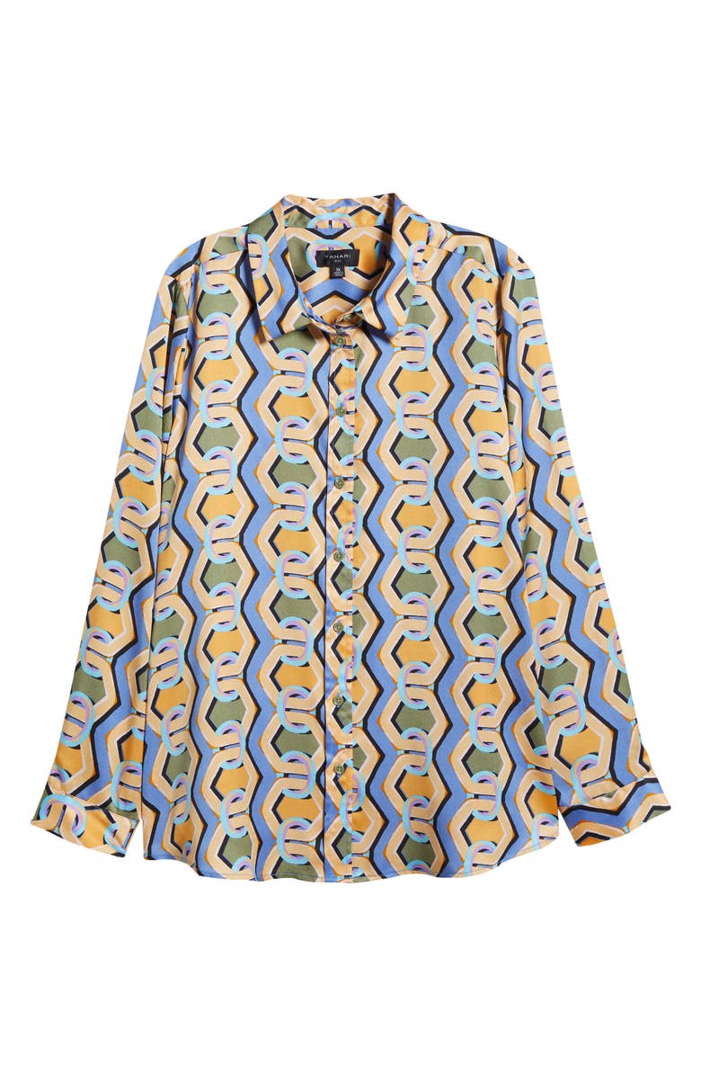 Tahari ASL Geo Print Satin Button-Up Shirt, Alternate, color, Blue Chains