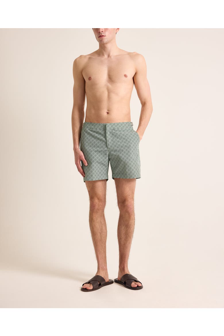 Bulldog Mid-Length Classic Fit Swim Shorts With Portico Print, Main, color, TARRAGON GREEN