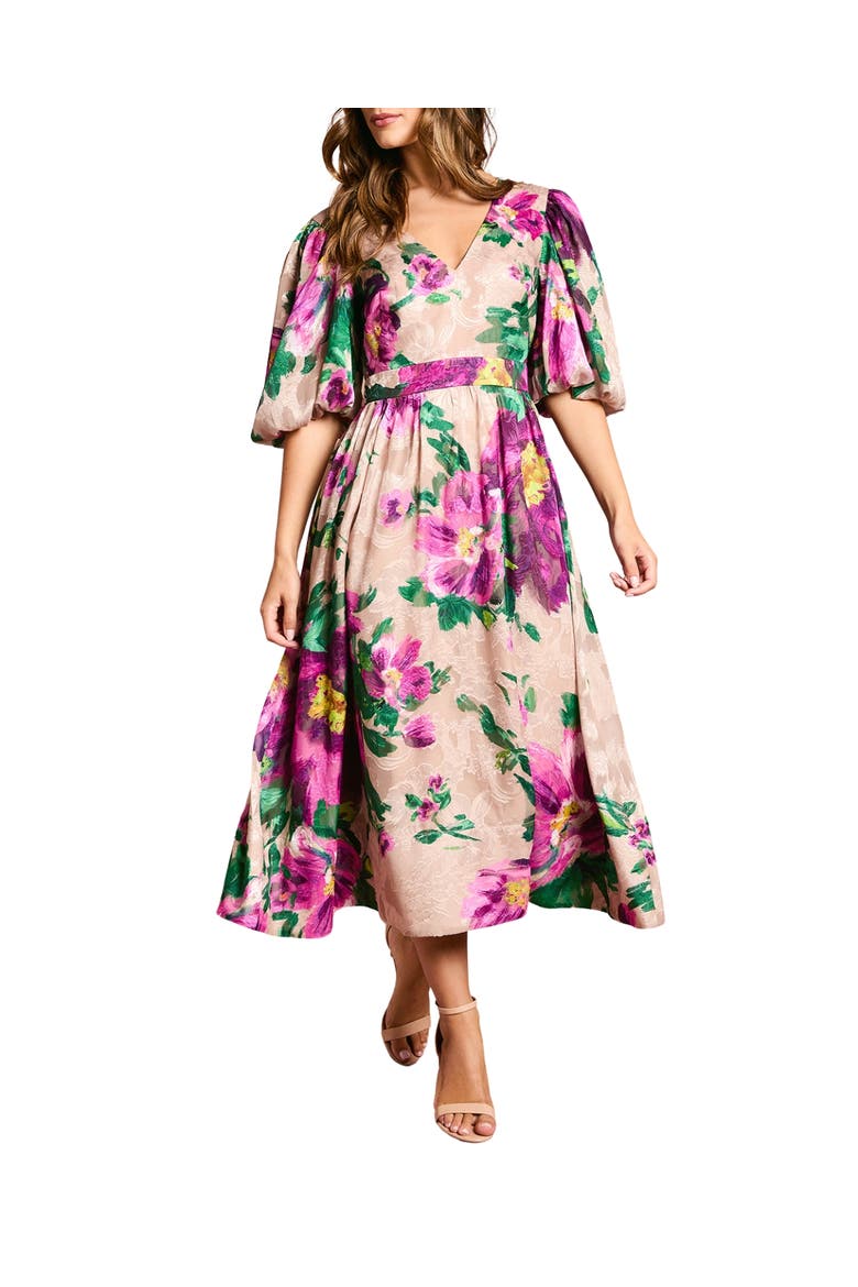 Bow Detail Jacquard Midi Dress, Main, color, Purple