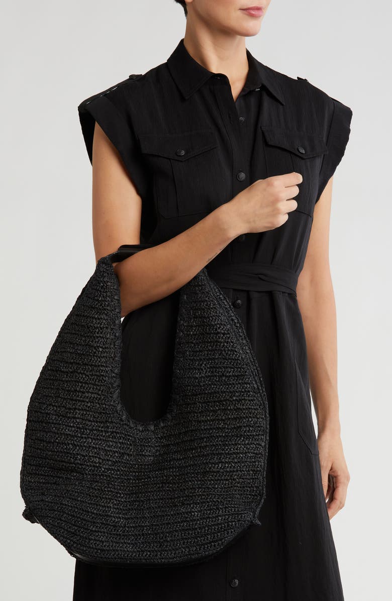 BCBG Woven Raffia Shoulder Bag, Alternate, color, Black