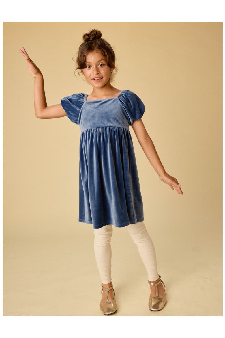 Puff Shoulder Velour Dress, Alternate, color, NAVAL BLUE