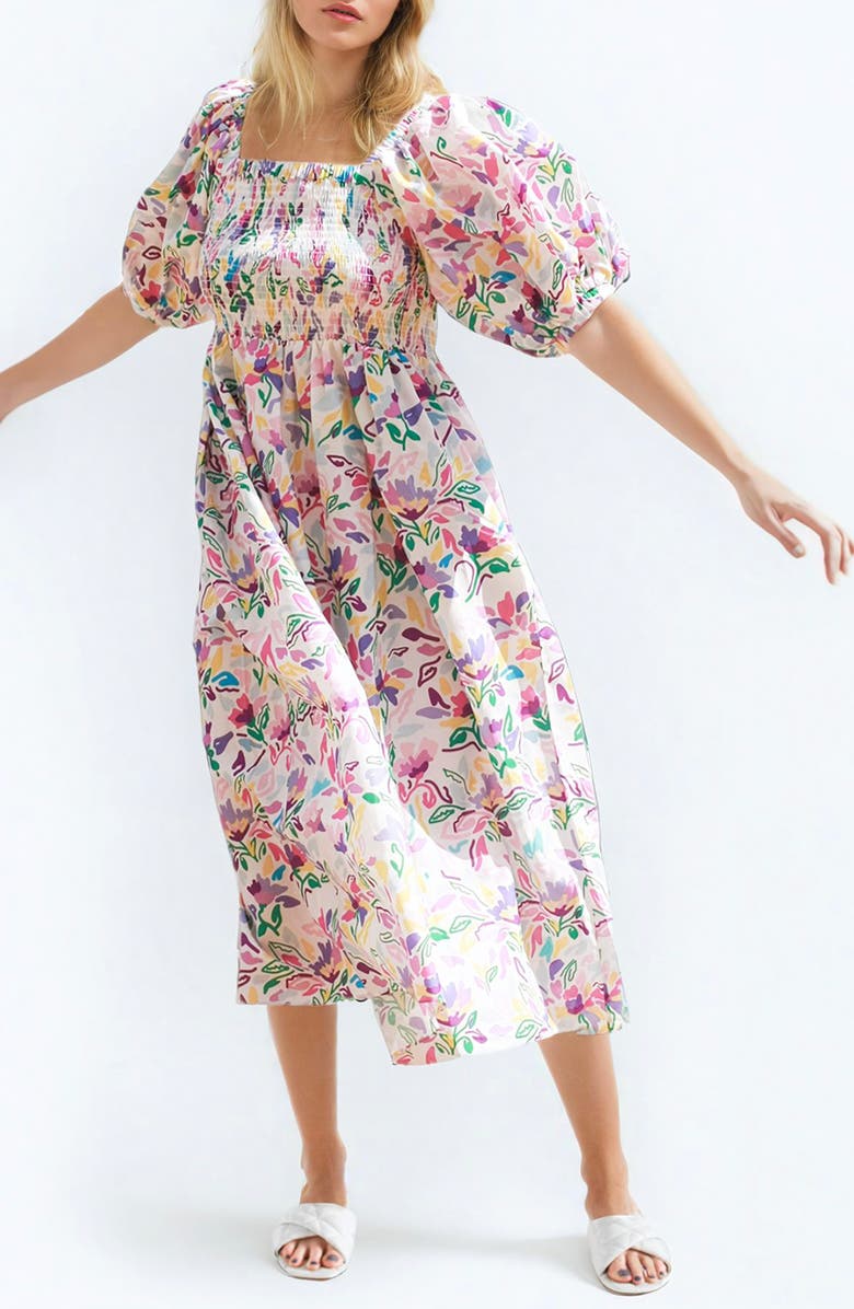 Jessie Zhao New York Violet Garden Smocked Cotton Silk Dress, Main, color, Purple