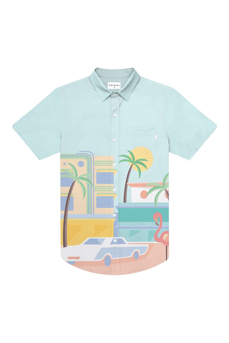 Flamingo Weekend Performance Short Sleeve Button-Up Shirt, Main, color, BLUE MULTI