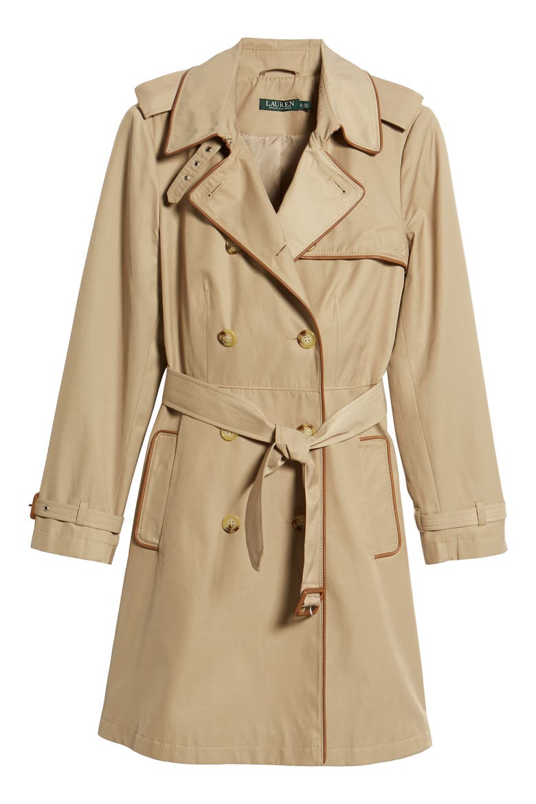 Faux Leather Trim Trench Coat, Alternate, color, SAND