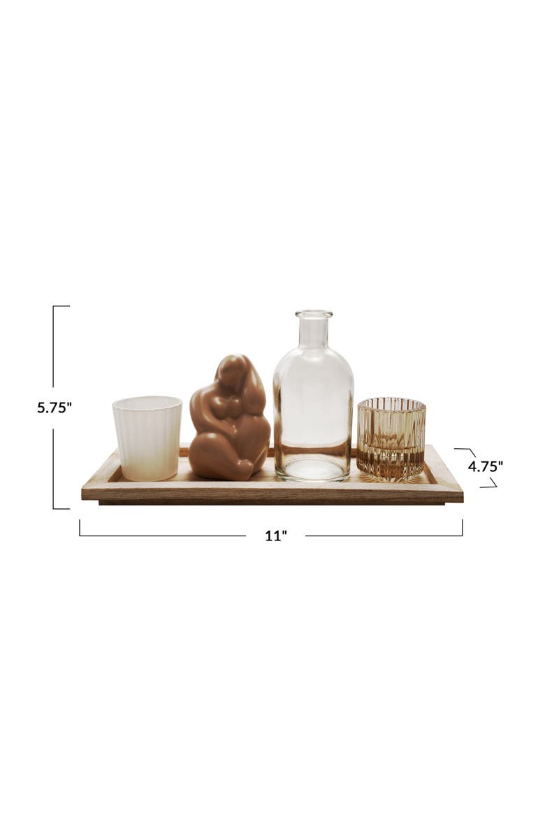 2 Glass Tealight/Votive Holders, 1 Vase and 1 Ceramic Figure on a Paulownia Wood Tray, Natural and Multicolor, Alternate, color, Brown