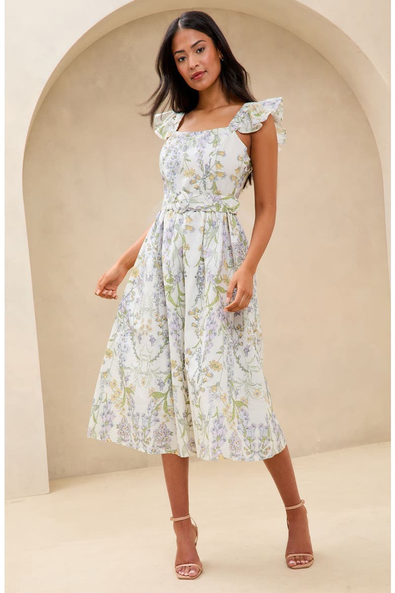 Floral Print Ruffle Belted Midi Dress, Alternate, color, WHITE