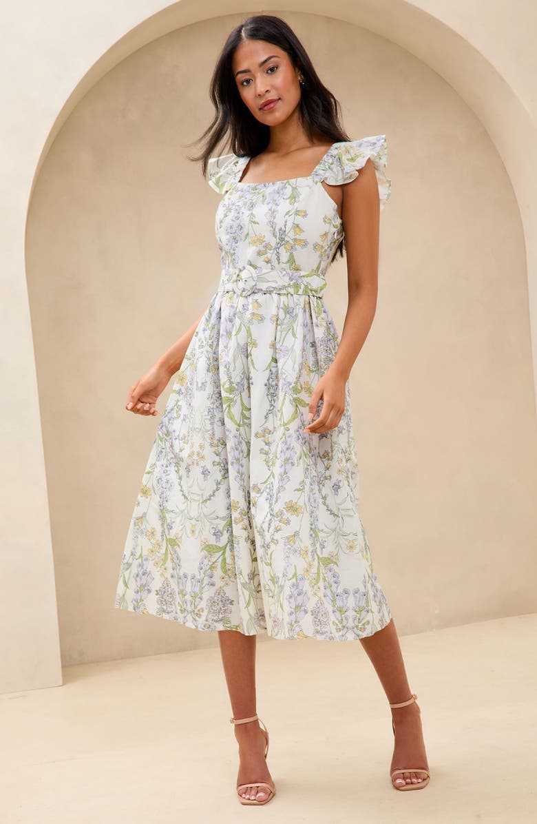 Lipsy Floral Print Ruffle Belted Midi Dress, Alternate, color, White