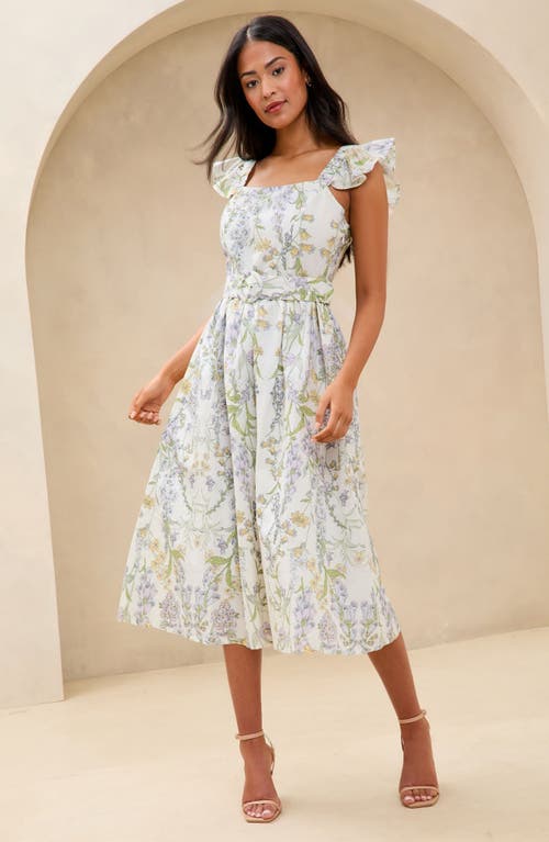 Lipsy Floral Print Ruffle Belted Midi Dress In White