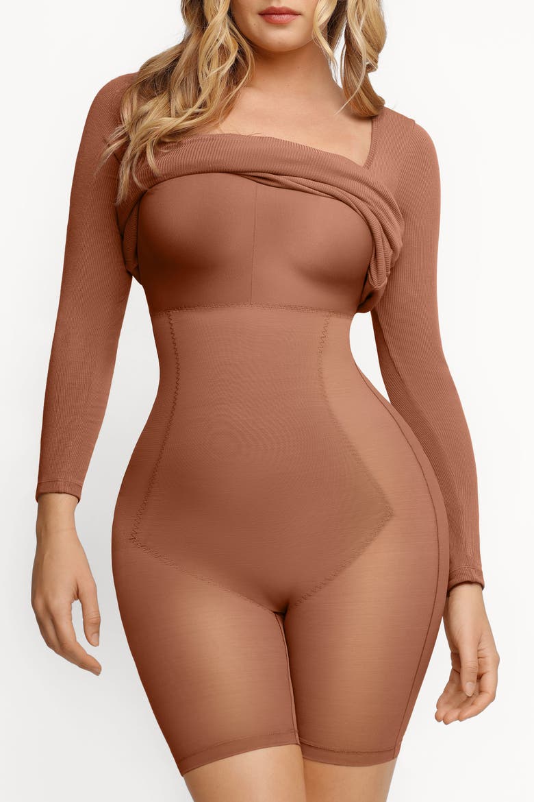 Shapewear Square Neck Long Sleeve Slimming Modal Maxi Dress, Alternate, color, Chocolate