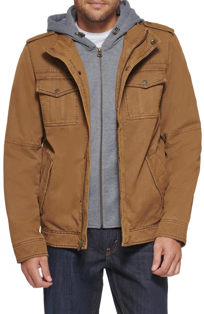 Levi's<sup>®</sup> Washed Cotton Faux Shearling Lined Hooded Military Jacket, Alternate, color, Brown