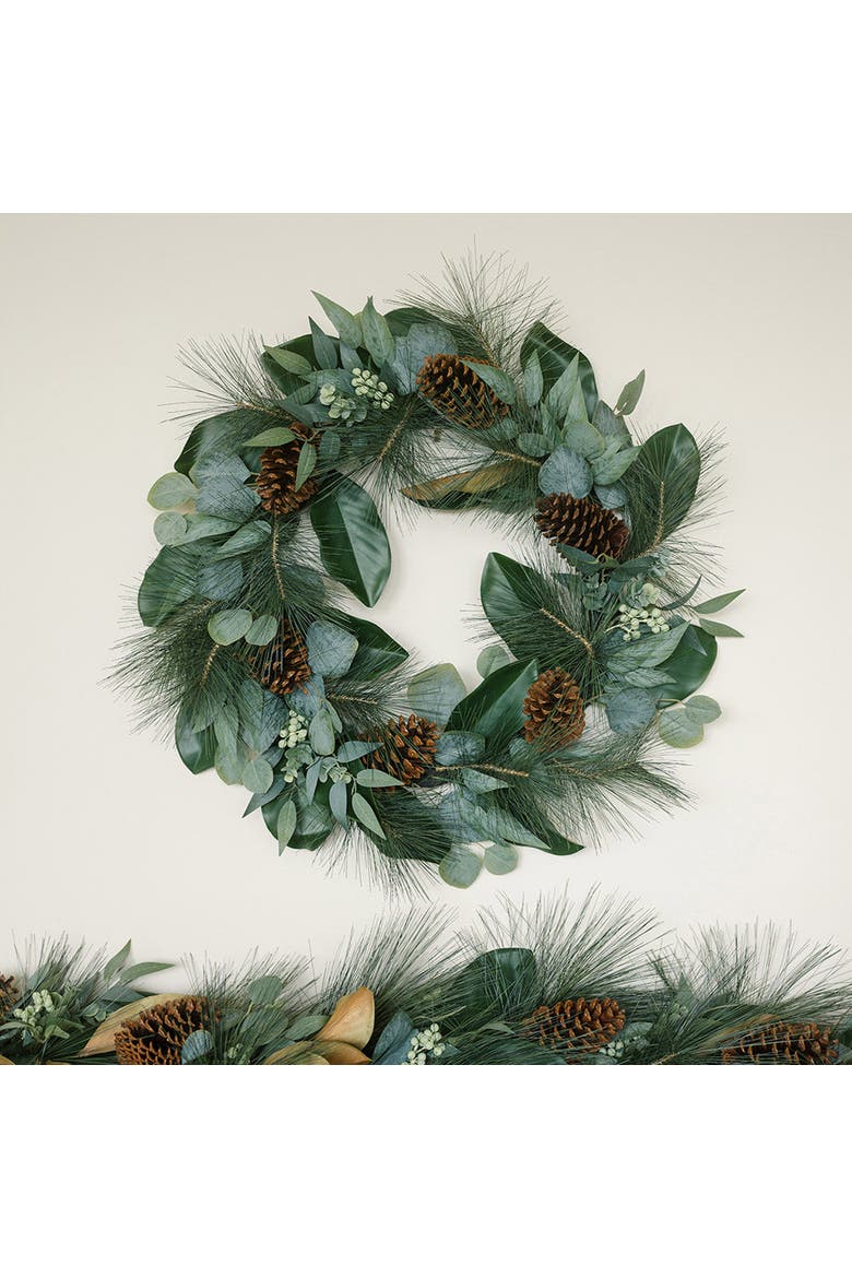 28" Magnolia, Eucalyptus, Pinecone, & Needle Pine Wreath, Alternate, color, Earth tones