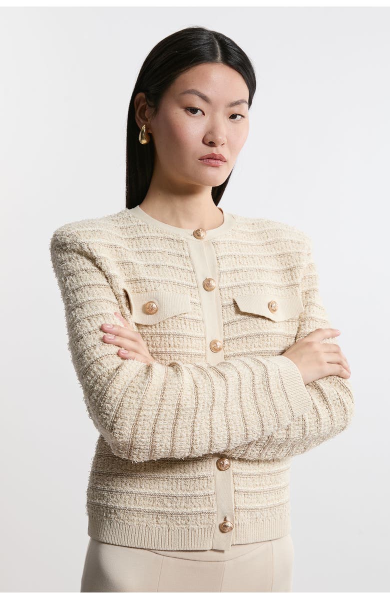 Karen Millen Textured Military Trim Knit Jacket, Main, color, Cream