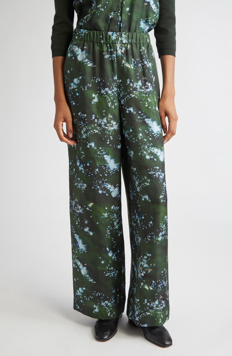 Lafayette 148 New York Riverside Splattered Glaze Print Silk Twill Wide Leg Pants, Main, color, Moss Multi