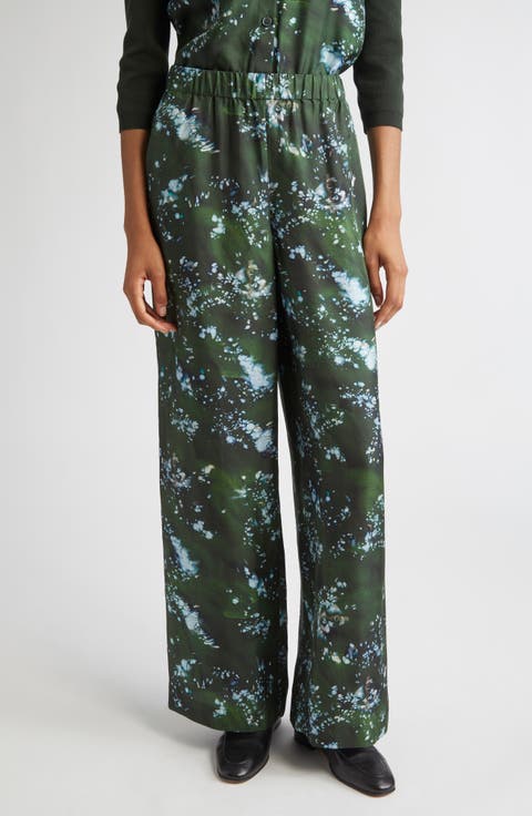 Riverside Splattered Glaze Print Silk Twill Wide Leg Pants