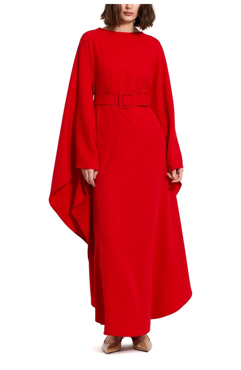 Mac Duggal Crepe Boat Neck Belt Detail Shawl Gown, Main, color, Cherry