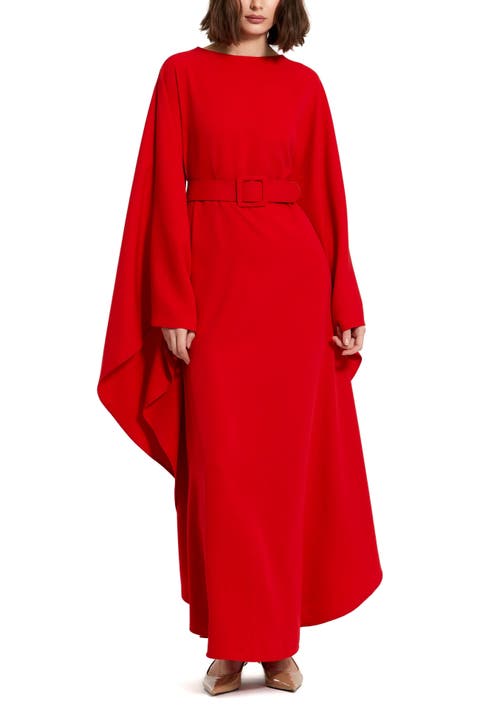 Crepe Boat Neck Belt Detail Shawl Gown