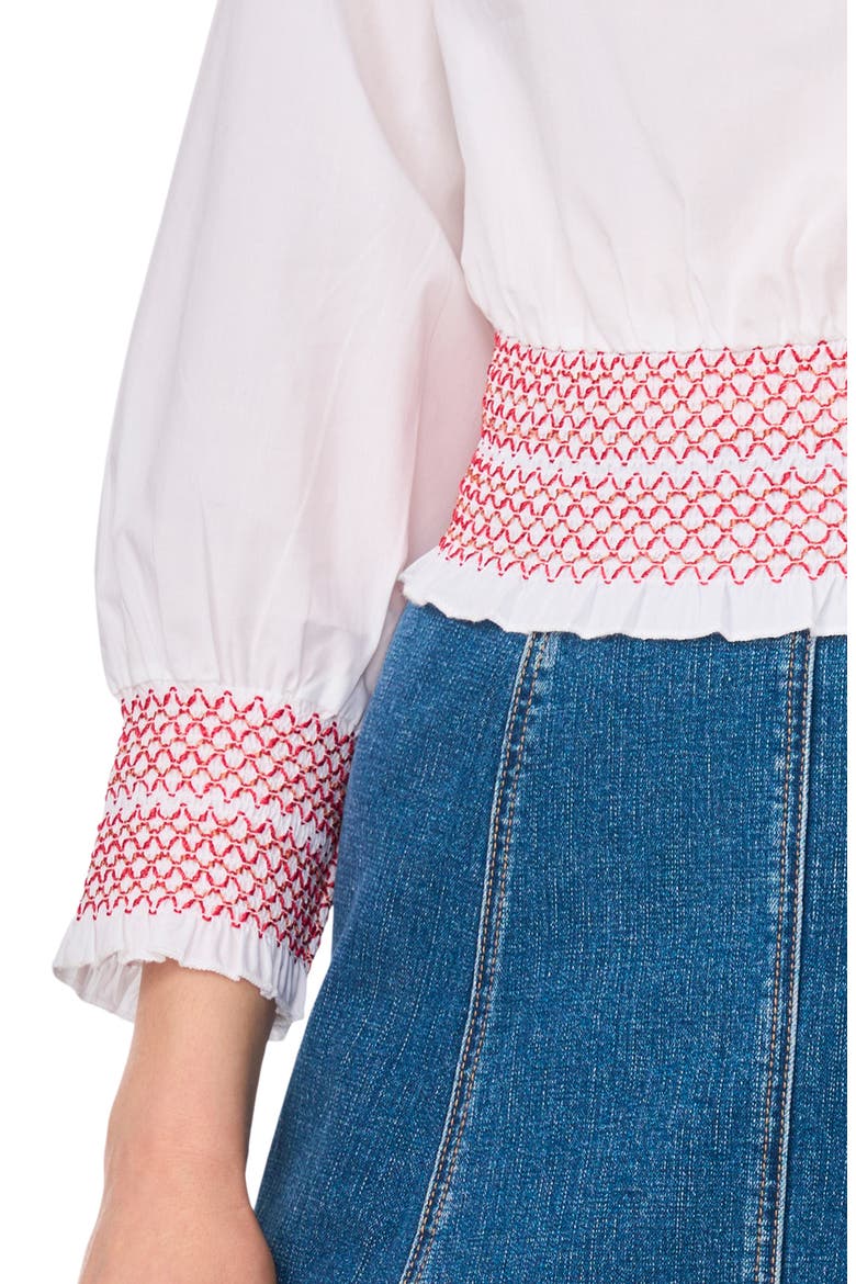 Boat Neck Long Sleeve Smocked Top, Alternate, color, ULTRA WHITE