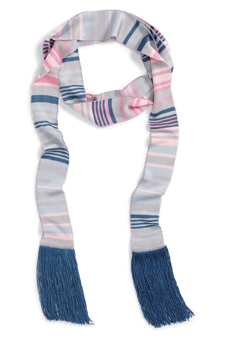 Stripe Fringe Skinny Scarf, Alternate, color, BLUE LIGHT COMBO
