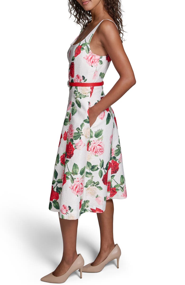 KARL LAGERFELD PARIS Rose Brocade Belted Dress, Alternate, color, 