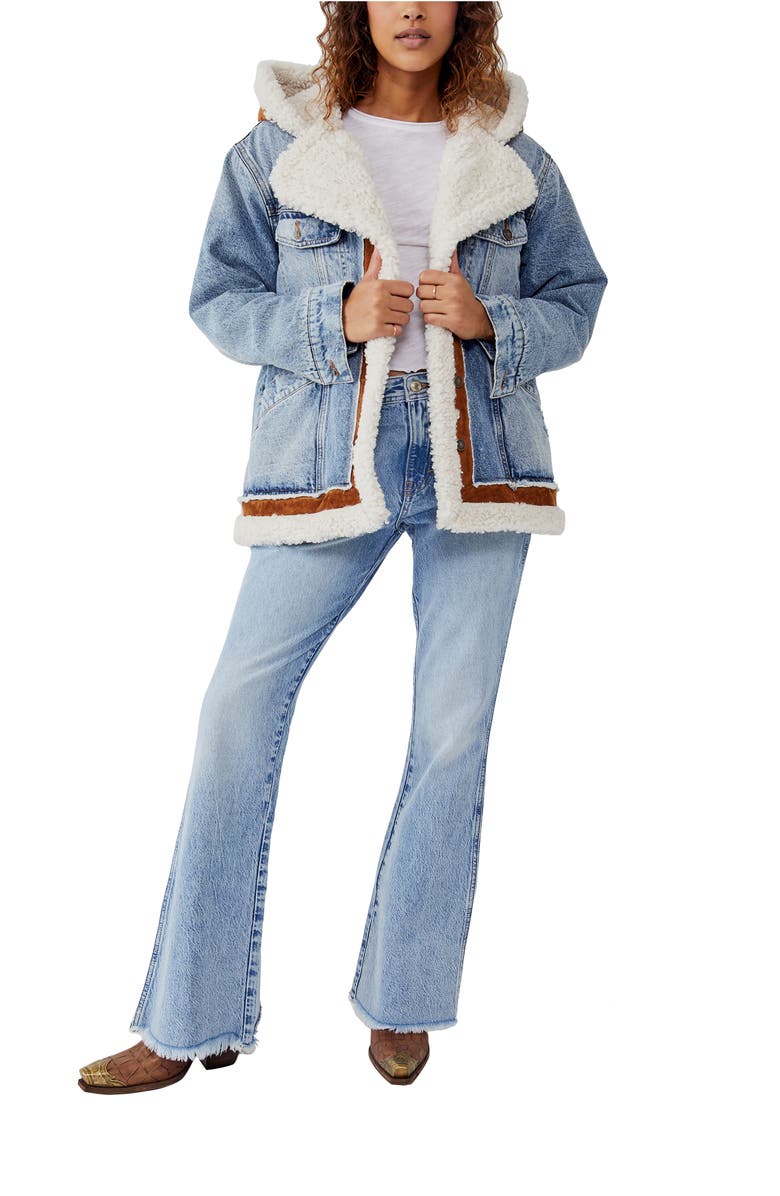 Free People We the Free Magnolia Faux Shearling Lined Hooded Cotton Denim Jacket, Alternate, color,