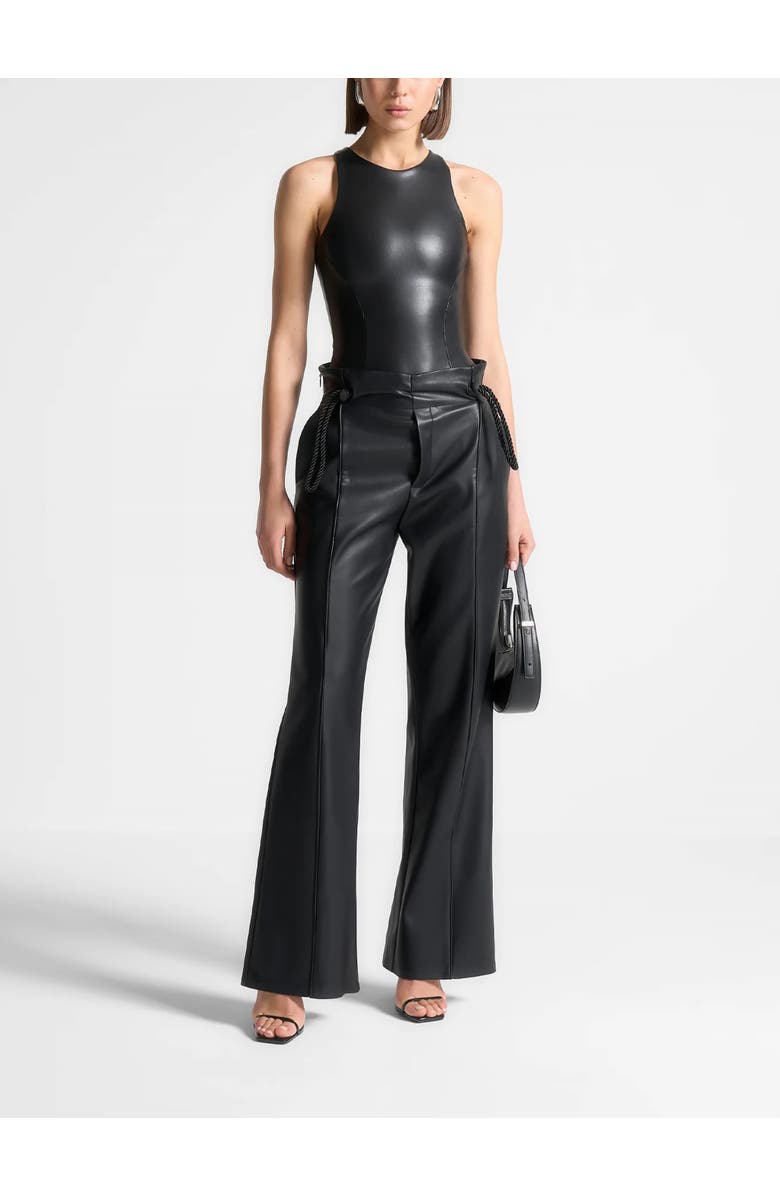 Manière De Voir Josie Leather Racer Neck Bodysuit, Alternate, color, Black