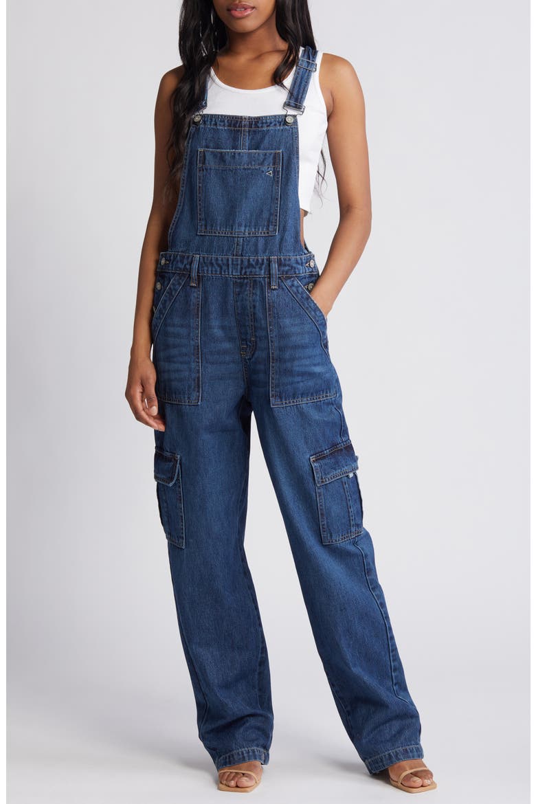 Baggy Denim Cargo Overalls, Main, color, DARK WASH