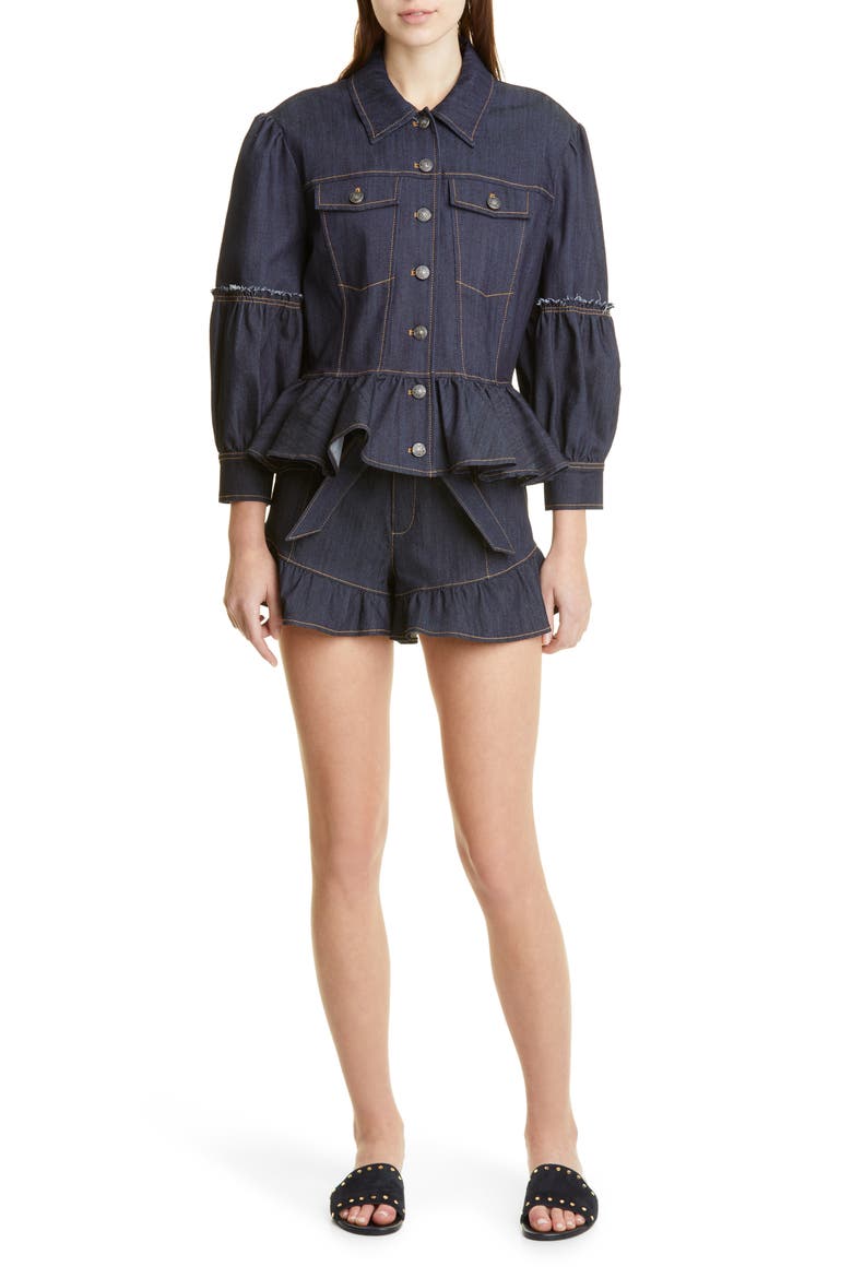Lizzie Peplum Denim Jacket, Alternate, color, INDIGO